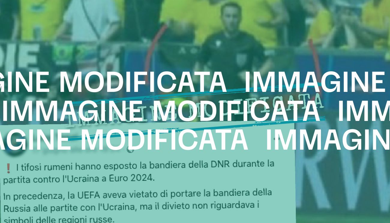 No, i tifosi rumeni non hanno esposto la bandiera dell’autoproclamata «Repubblica popolare di Donetsk» nel match contro l’Ucraina