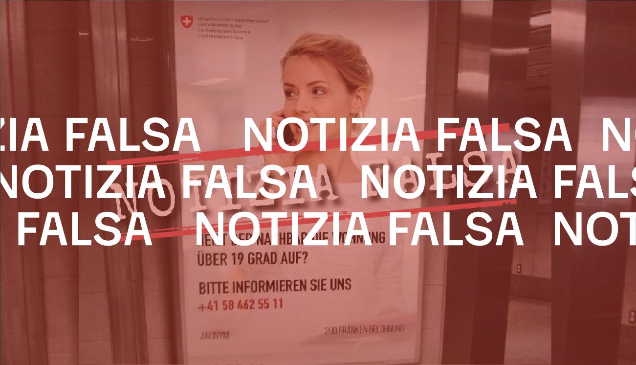 Il cartellone che chiede ai cittadini svizzeri di denunciare chi riscalda la casa oltre i 19°C è falso