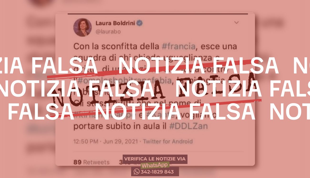 Questo tweet di Boldrini sull’eliminazione delle Francia dagli europei e sul Ddl Zan è falso